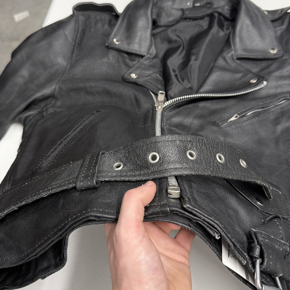 Unbranded Leather Motorcycle Jacket Mens 48 Black Fair Belted Side Lace Biker - Picture 4 of 7